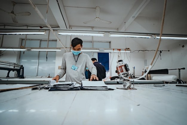 A state-of-the-art textile laboratory, with scientists in lab coats examining fabric samples under microscopes, surrounded by advanced machinery and monitors displaying intricate molecular structures, illustrating technological innovation in sustainable fabrics.